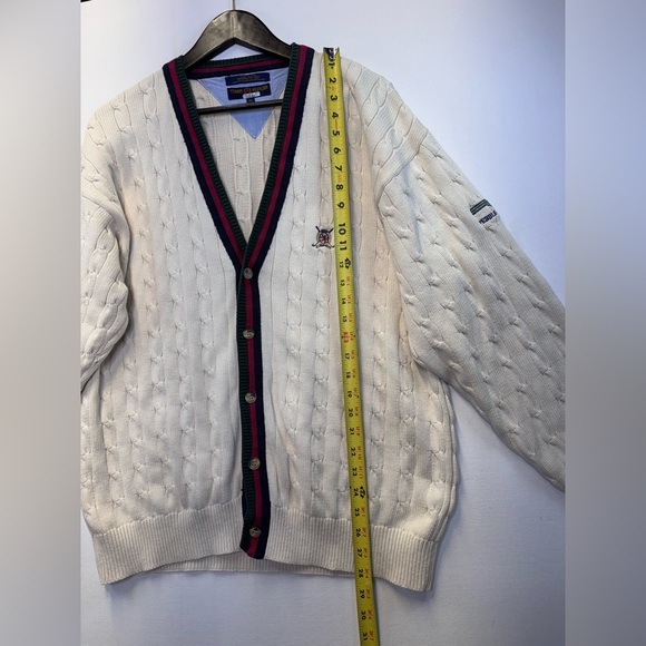 Tommy Hilfiger VTG Varsity cable knit V neck sweater cardigan mens sz XL *FLAW - Picture 6 of 10